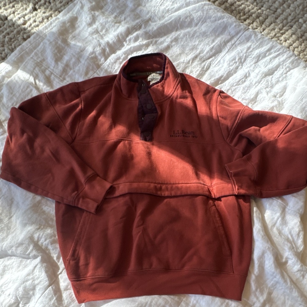 L.L.Bean Men's L Regular orange vintage  Mock Neck Pullover kangeroo Pockets